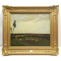 Paul Paul (Staithes Group 1865-1937): Sheep Grazing in an Extensive Landscape, oil on canvas signed 49cm x 59cm 
Provenance: from the artist's studio collection. Paul Politachi, born in Constantinople in 1865, was the son of Constantine Politachi (1840-1914), a merchant in cotton goods, and his wife Virginie. About 1870 the family came to England, and in 1871 Paul is listed as living at 4 Victoria Crescent, Broughton, Salford with his parents, two younger sisters Eutcripi and Emilie, paternal grandmother Fotine, a governess and a servant. In January 1887 he enrolled at Hubert von Herkomer's School at Bushey, where he presumably met fellow future Staithes Group members Rowland Henry Hill and Percy Morton Teasdale.

After his marriage to Marion Archer in 1896 he changed his name to the more Anglophone Paul Plato Paul. He exhibited at the Royal Academy ten times between 1901 and 1932. He was elected to the Royal Society of British Artists in 1903 and in that year exhibited 'The Old Pier, Walberswick' and 'The Road to the Village' in their winter exhibition. Two years later he was elected a member of the Staithes Art Club, alongside Teasdale. He died at 11 Bath Road, Bedford Park, Brentford, Middlesex on 23 January 1937, aged 71.