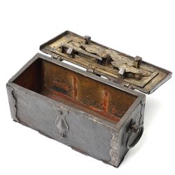 Miniature 17th Century Nuremberg iron table top strongbox, of rectangular form, the hinged lid carrying internal lock mechanism, operated by a key with hinged quatrefoil cover externally, twin carrying handles on each side, with key, W20cm H9cm D9cm