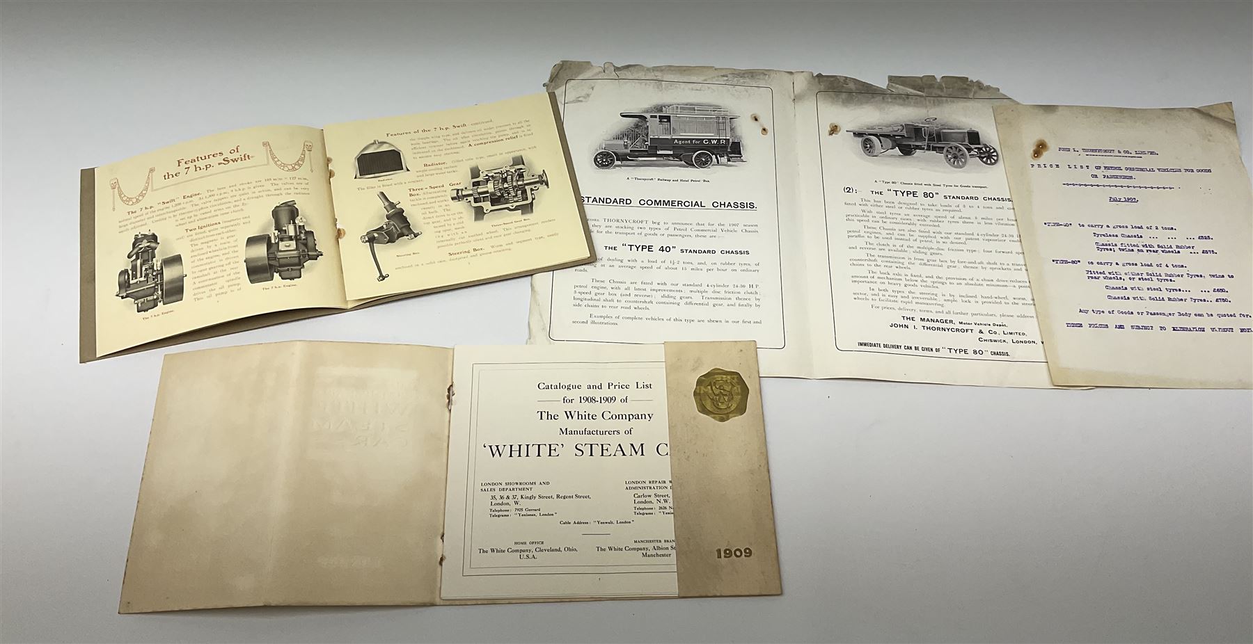 Motoring History - nine early 20th century manufacturer's vehicle catalogues including Swift 7hp Two-seater with additional brochure and letter 1910; De Dion-Bouton Automobiles 1909; Briton Cars 1909;Adams Cars with two other brochures 1909; Rover Cars 1909; Belsize Cars c1910; The Incomparable White Steam Car 1909; NSU Voiturette c1910; and Thornycroft Petrol Commercial Vehicles with 1907 price list (9)
