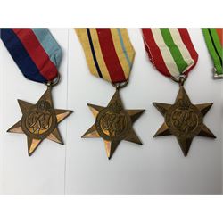 WWI pair of medals comprising British War Medal and Victory Medal awarded to 32682 Pte. W. Meadows W. Rid. R. in issue box; WWI pair of medals comprising 1914-15 Star and Victory Medal awarded to 3720 Pte. (later Cpl.) E. Petty W. York. R. with issue letter from Tank Corps; WWII group of five medals comprising 1939-45 War Medal, Defence Medal and 1939-45, Italy and Africa Stars; all with ribbons; and book of nineteen seaman's Certificates of Discharge to cook Charles Filburn 1893 - 1901 from various British ports