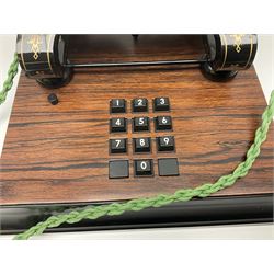 LM Ericsson of Sweden reproduction skeletal telephone, commemorating the centenary of the first 'Tax' in 1892, with gilded details on square walnut base with keypad and brass plaque beneath numbered 1892-09305, H35cm