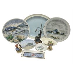Two Highland Stoneware painted plates, together with Wedgwood serving plate, Royal Copenhagen dish etc 