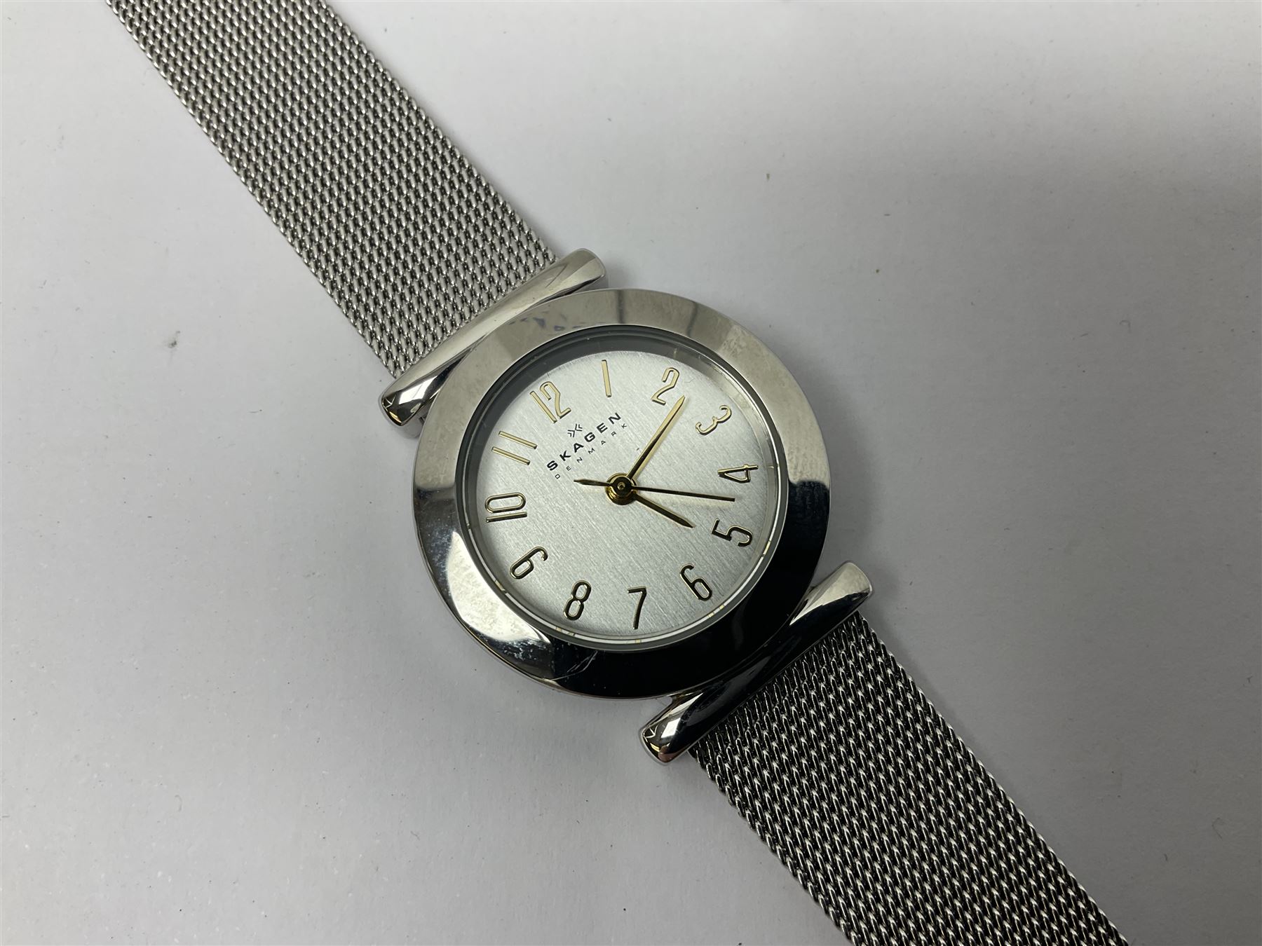 Two ladies Skagen wristwatches, to include 107SGSC and 107SGGD, both on stainless steel mesh straps, boxed, together with four other ladies wristwatches (6)