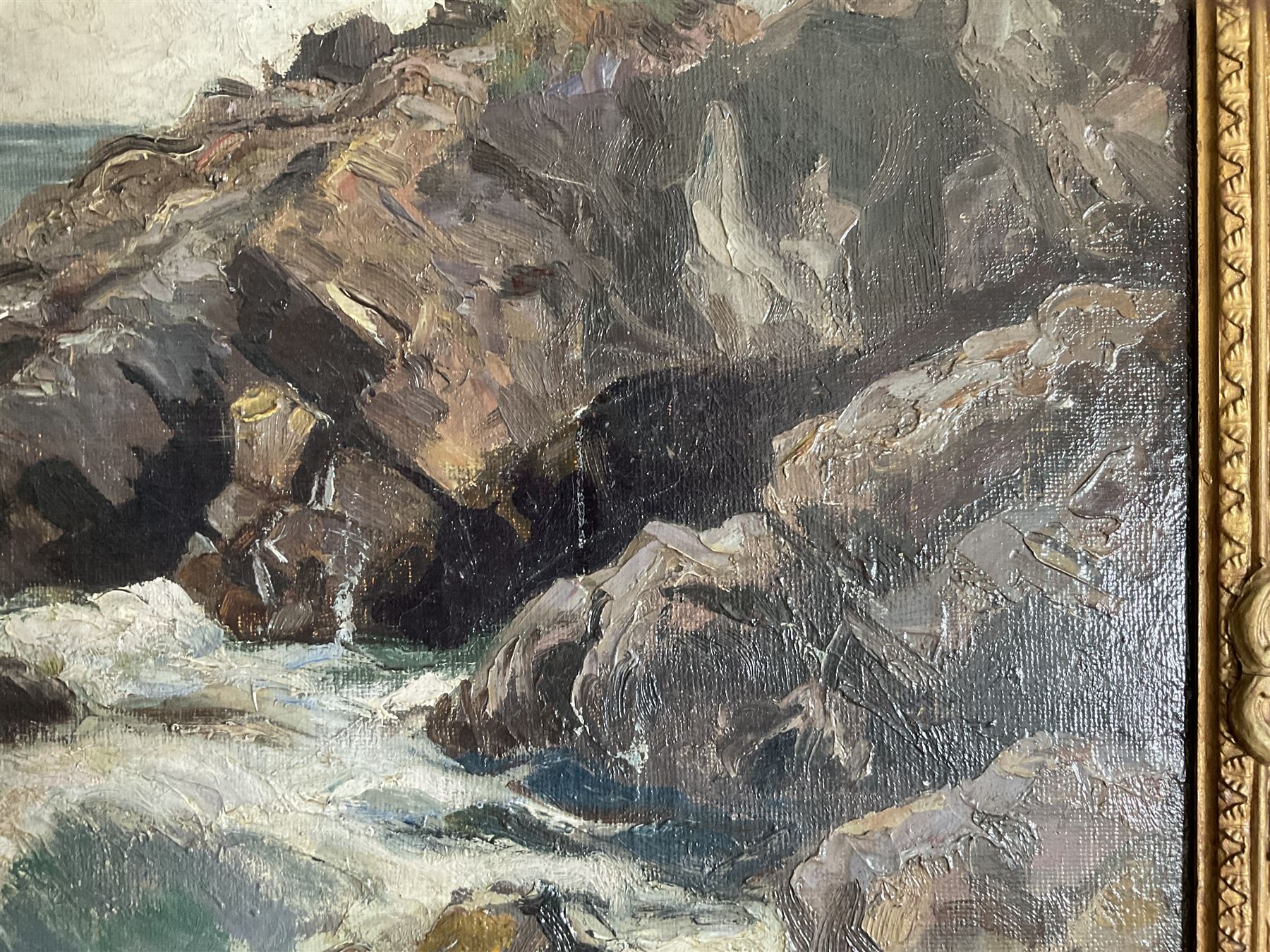 Jeno Karpathy (Hungarian 1870-1950): Waves Breaking on the Coast, oil on canvas signed 63cm x 79cm