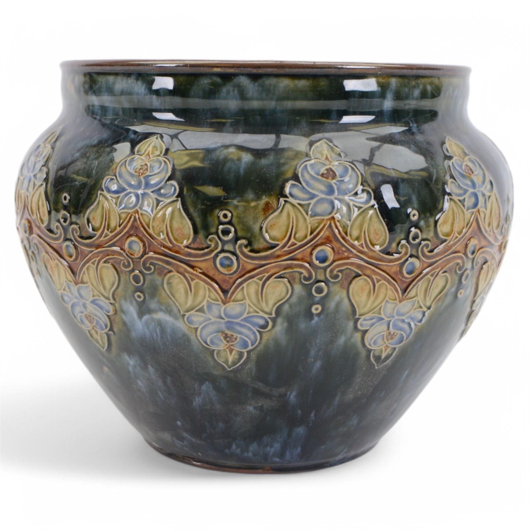  Royal Doulton jardiniere, decorated with repeating foliate boarder on a mottled blue green ground, H19cm