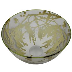 Gillies Jones of Rosedale green glass bowl decorated with branches, upon a short clear tapering foot, signed to base, H13cm D15cm