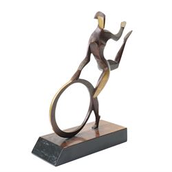 John Huggins FRBS (British 1938): 'Girl with Hoop', bronze sculpture upon black lacquered wooden base, H33cm, 