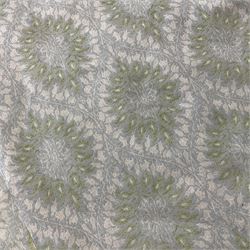 Circular spread rug or throw, light blue and green in foliate repeating pattern