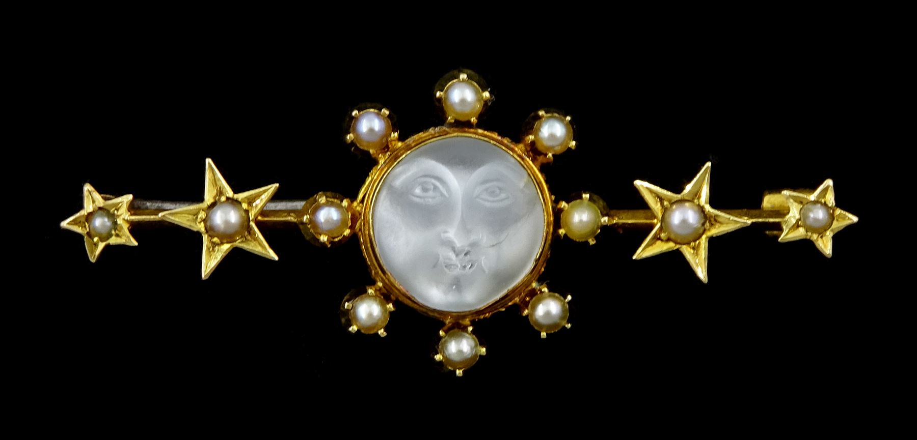 Victorian 15ct gold moonstone and seed pearl brooch, the carved 'Man in the Moon' moonstone with pearl surround and two pearl set stars set either side