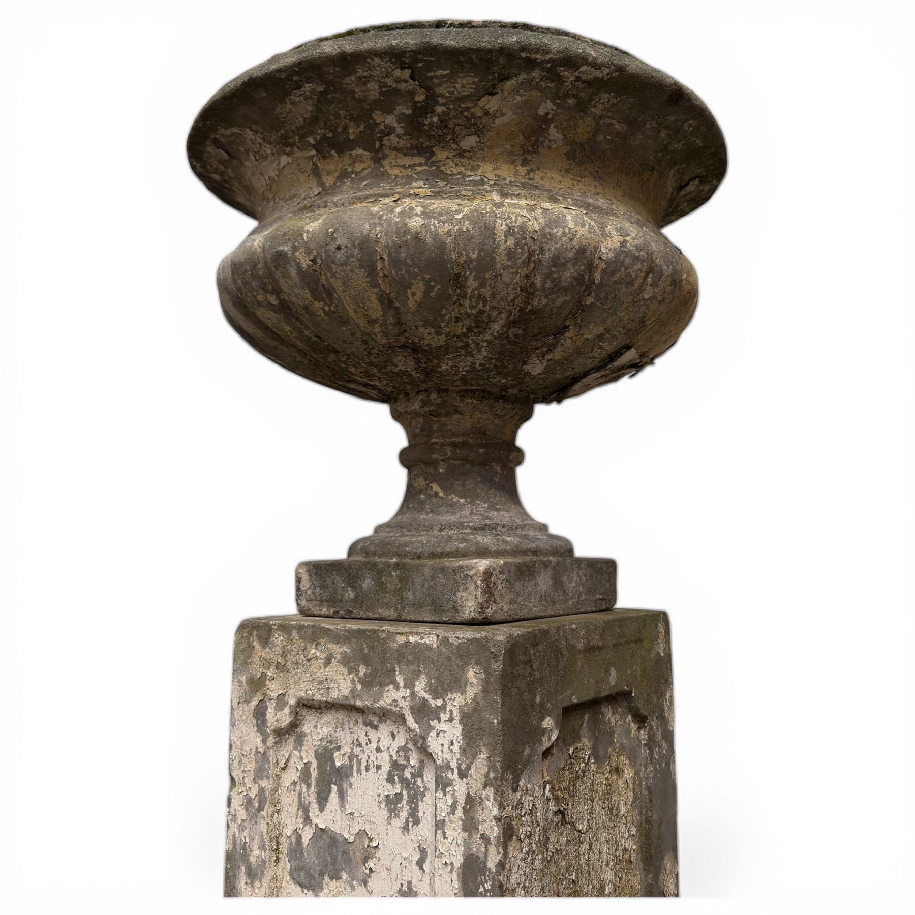 Pair of 20th century cast stone urns on plinths 