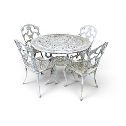 Victorian style cast aluminium white painted garden table and four armchairs chairs with S...