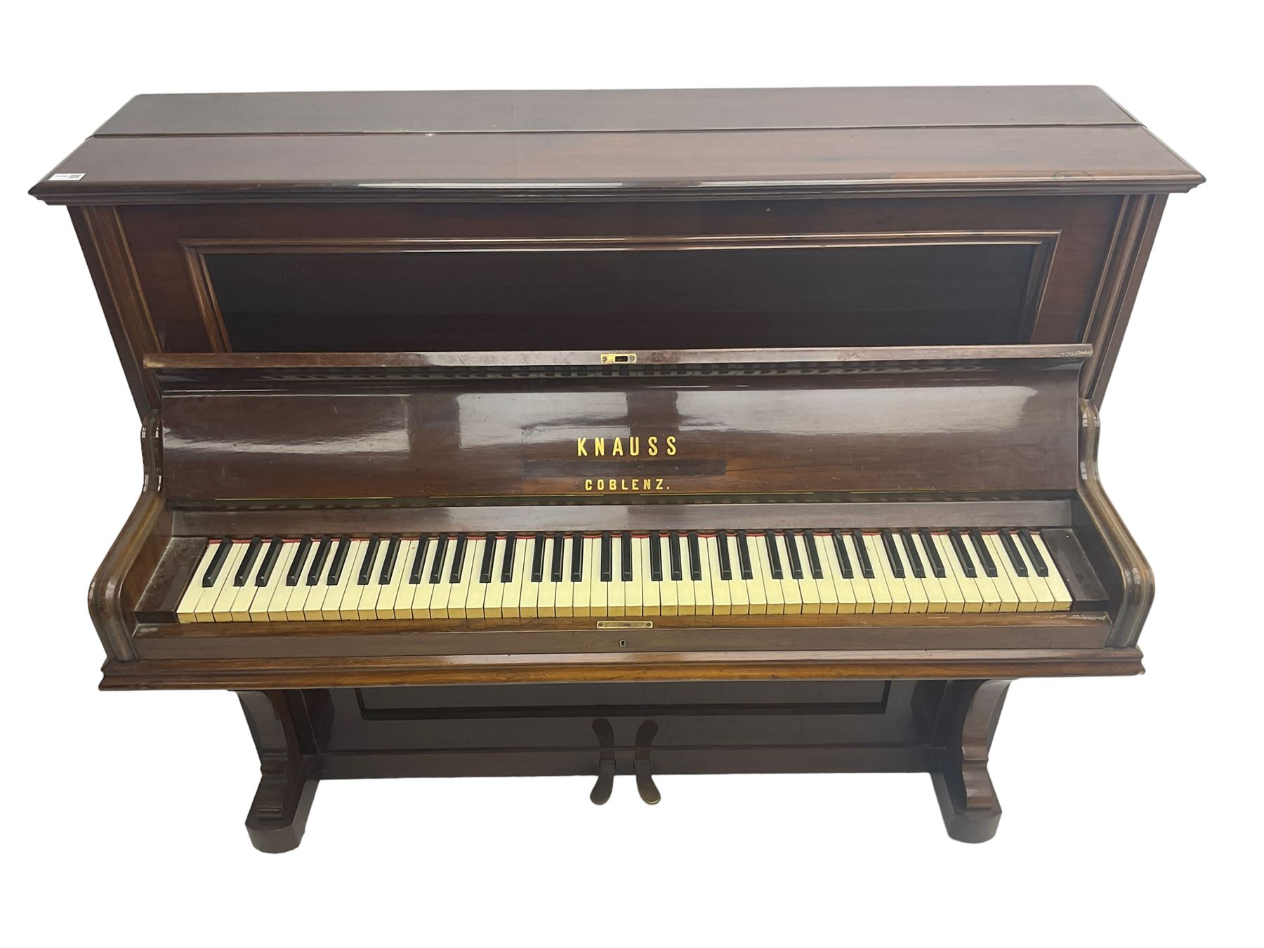 Knauss Coblenz - early 20th century rosewood cased upright piano, straight strung iron movement, simulated ivory keys
