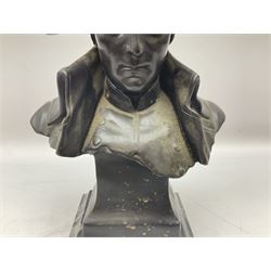 Bronze bust modelled as Napoleon, head and shoulders, wearing his hat and with open collar, on a tapering square section base, marked to the reverse 'Lecomte '82', H36cm
