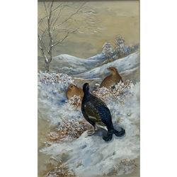 James Stinton (British 1870-1961): Pheasants and Grouse in Winter Landscapes, pair watercolours heightened in white signed 28cm x 16.5cm (2)