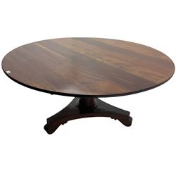 19th century and later mahogany centre table, the circular top with ebony stringing, barrel pedestal on concave triangular platform, scroll carved feet