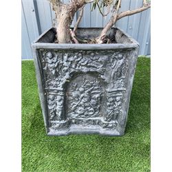 Pair of composite square garden planters with St George cast - THIS LOT IS TO BE COLLECTED BY APPOINTMENT FROM DUGGLEBY STORAGE, GREAT HILL, EASTFIELD, SCARBOROUGH, YO11 3TX