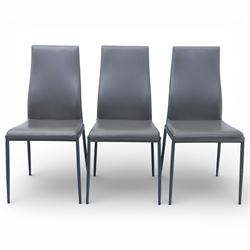 Modern composite marble effect dining table, rectangular top with simulated veining supported on a block pedestal base, accompanied by six matching dining chairs with padded seats and backs in grey upholstery on slim metal legs