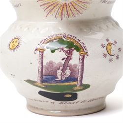 19th century Staffordshire Royal United Free Mechanics jug, with various masonic motifs, including many Biblical scenes, and slogans such as 'May every Brother have a heart to feel, and a hand to give', H16cm 