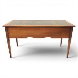 Regency style mahogany writing desk, serpentine front tooled green leather inset, slides to either side, central frieze drawer, flanked by a bank of two drawers, square tapering supports