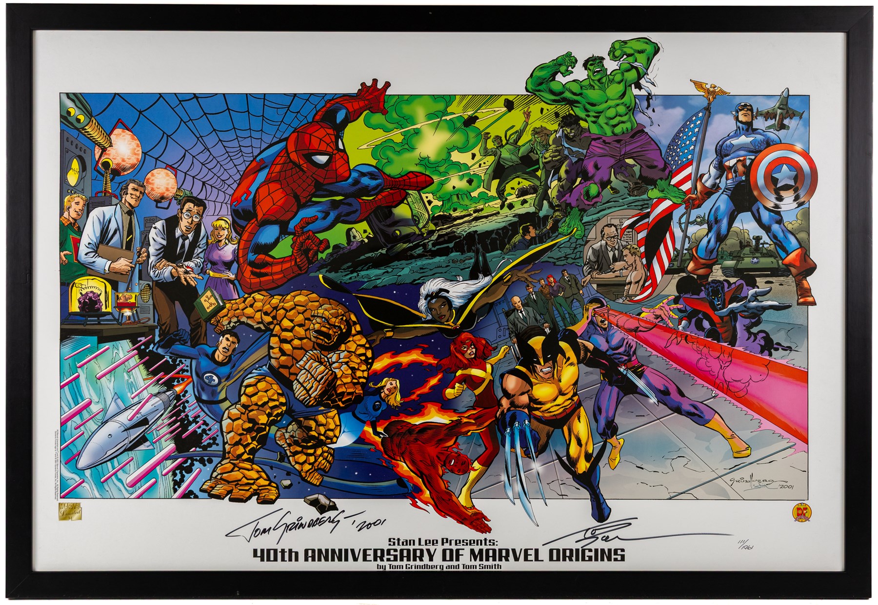 Two large limited edition Marvel lithographic prints by Dynamic Forces, comprising Marvel Origins Anniversary, limited edition no. 111/1961 and The Avengers vs. X-Men, limited edition no. 170/1963, both signed by Tom Grindberg and Tom Smith, with certificates of authenticity, largest H43cm, W86cm