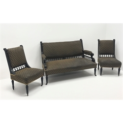  Victorian ebonised two seat sofa, upholstered back seat and arms, gallery backs, acanthus carved and scrolled arms, turned supports (W144cm) and pair matching chairs (W58cm)  