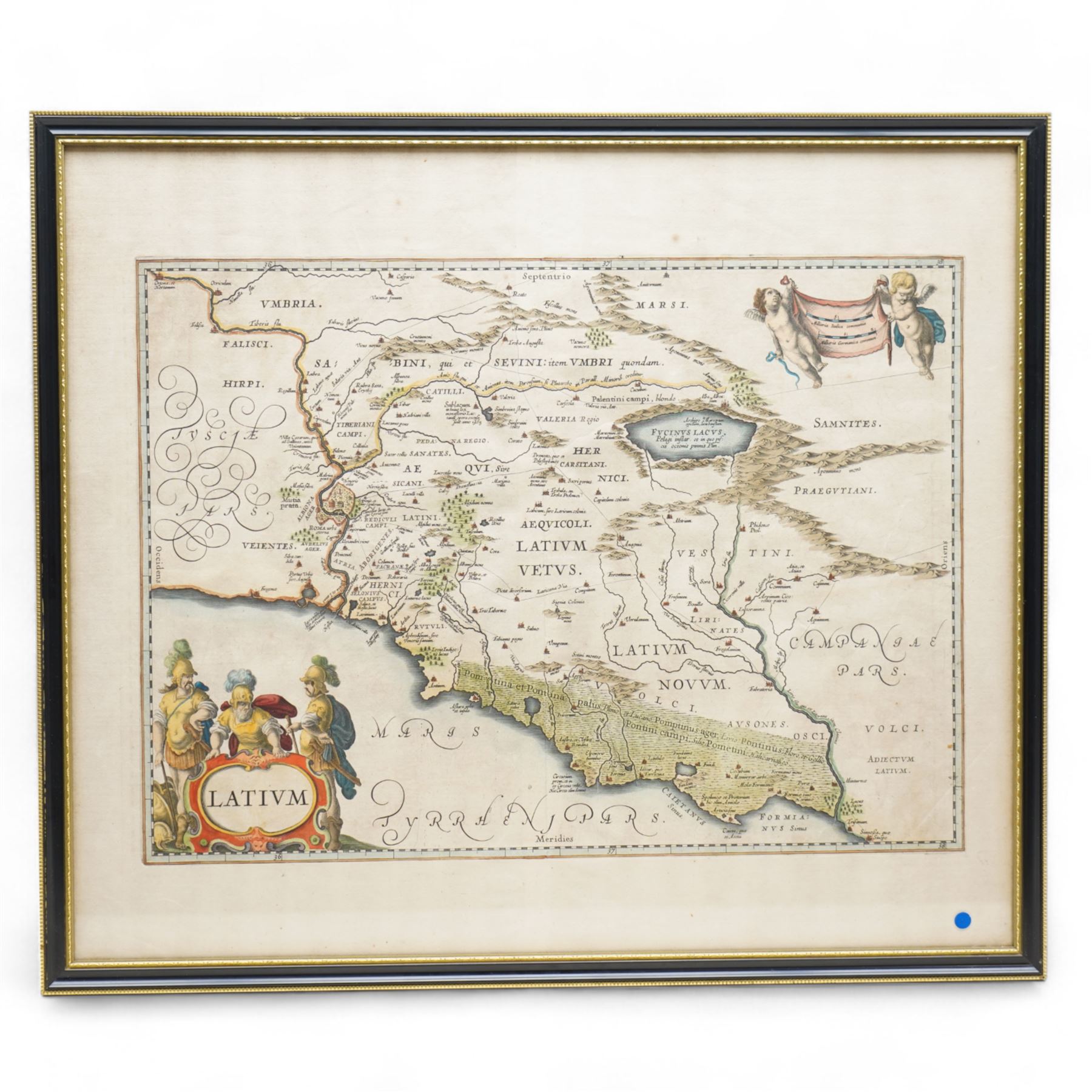Jan Jansson (Johannes Janssonius) (Dutch 1588-1664): 'Latium', 17th century engraved map of Central Italy and Rome with hand-colouring pub. c.1653, 36cm x 49cm