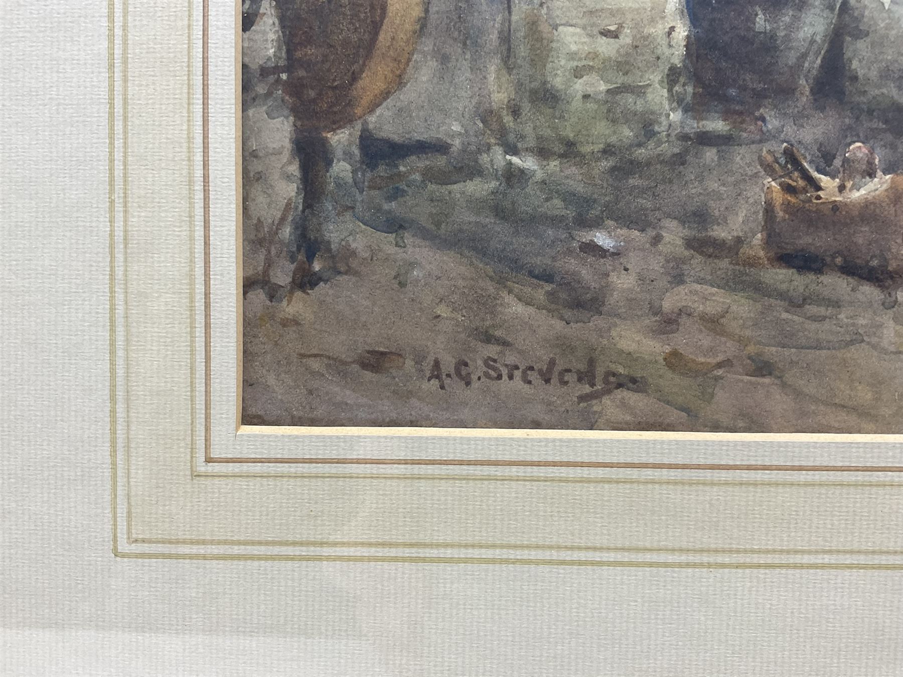 Albert George Stevens (Staithes Group 1863-1925): 'The Smithy' - Hinderwell, watercolour signed 
Provenance: probably exh. Royal Academy 1912, Cat. No. 987. The picture depicts Robert Agar's blacksmith's shop at Hinderwell, now demolished.