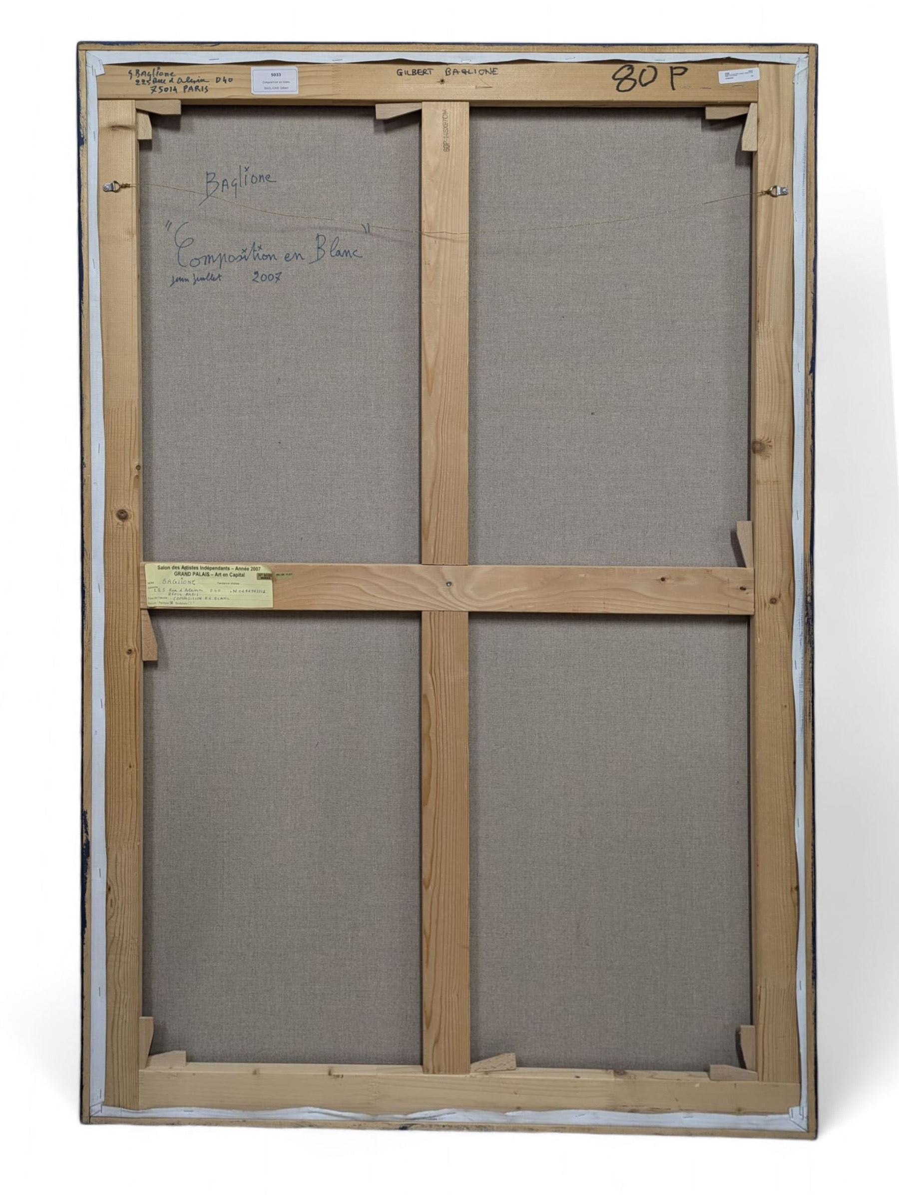 Gilbert Baglione (French 20th Century): 'Composition en Blanc', oil on canvas signed, titled and dated 2007 verso 146cm x 97cm