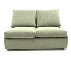 Two seat sofa bed upholstered in lime green fabric, W140cm