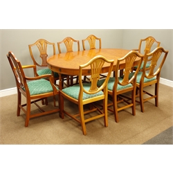 Reproduction yew wood twin pillar extending dining table with three leaves (109cm x 108cm - 199cm (with leaves)), and set eight Hepplewhite style dining chairs  