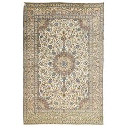 Central Persian Nain hand-knotted carpet, ivory field with central radiating medallion wit...