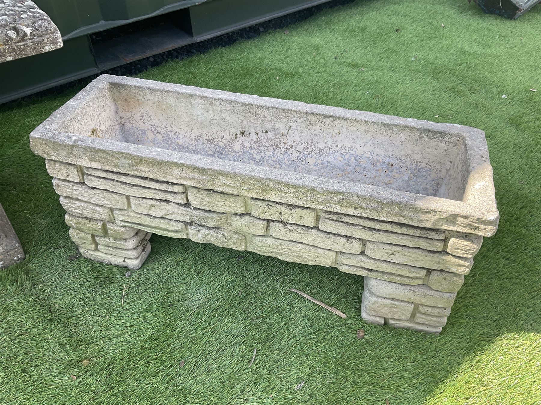 Cast stone garden bench, and two rectangular planters on plinths - THIS LOT IS TO BE COLLECTED BY APPOINTMENT FROM DUGGLEBY STORAGE, GREAT HILL, EASTFIELD, SCARBOROUGH, YO11 3TX