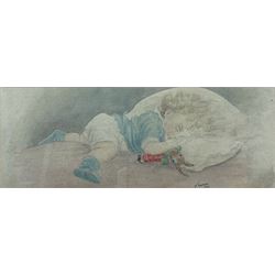 V Marsden (British early 20th century): 'Tired Out', watercolour signed and dated 1929, titled verso 12cm x 32cm