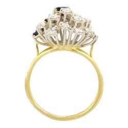 18ct gold sapphire and diamond cluster ring, twelve round brilliant cut diamonds and eight marquise cut sapphires, in a swirl design setting, Sheffield import mark 1989, total diamond weight approx 0.70 carat