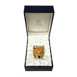 Halcyon Days enamel box, fox head stirrup cup, inspired by a Derby porcelain original of c1820, in fitted box 