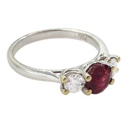 18ct white gold three stone ruby and round brilliant cut diamond ring, hallmarked, ruby approx 1.00 carat, total diamond weight approx 0.50 carat
