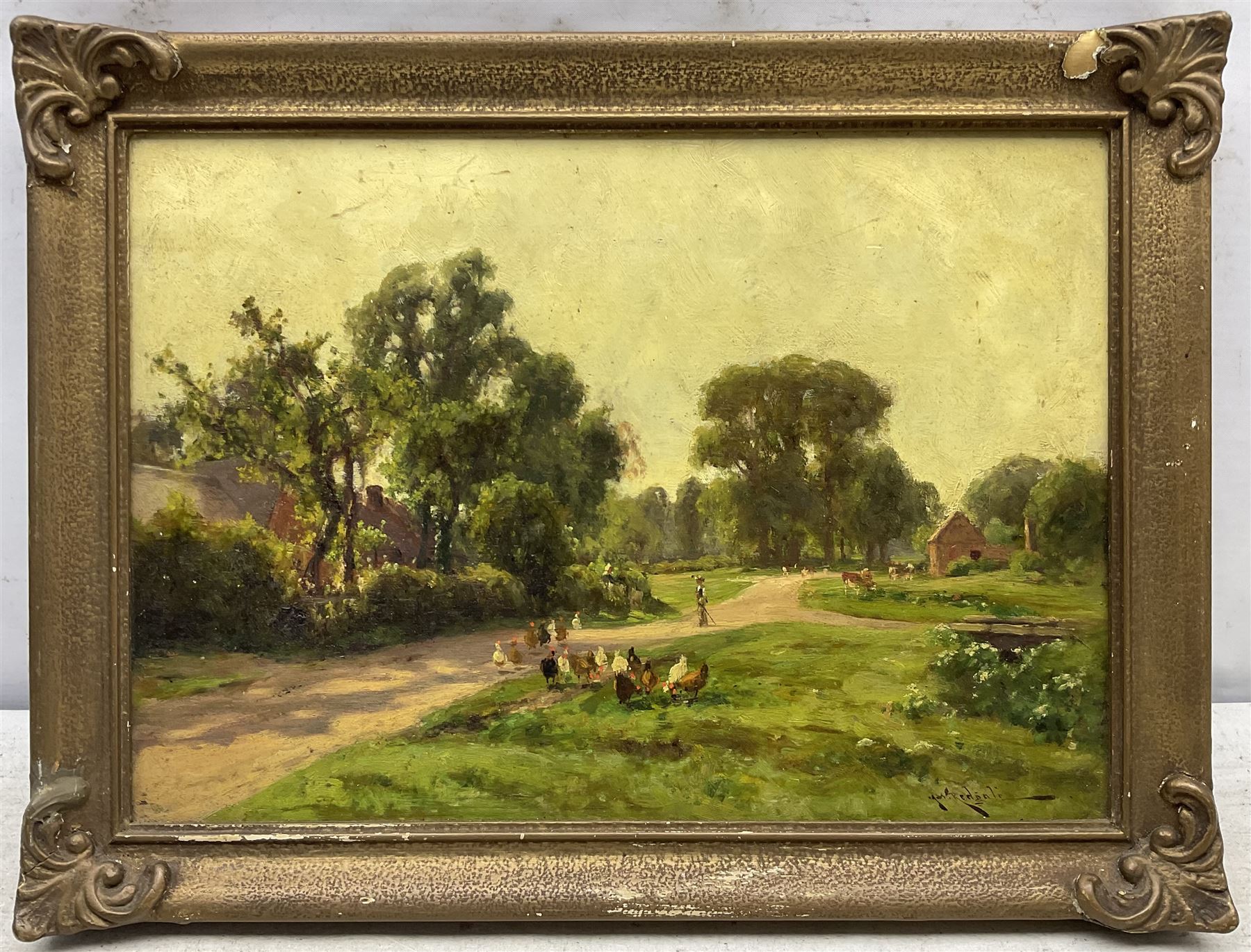 Arthur William Redgate (British 1856-1931): Country Lane with Hens and Cattle, oil on panel signed 24cm x 35cm 
Provenance: with Herbert Evans, Johannesburg, South Africa, label verso