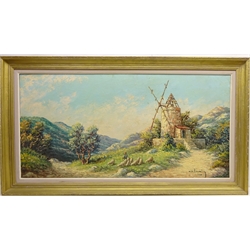  Shepherd in a Mountainous Landscape with a Windmill, 20th century oil on canvas indistinctly signed 59cm x 119cm  