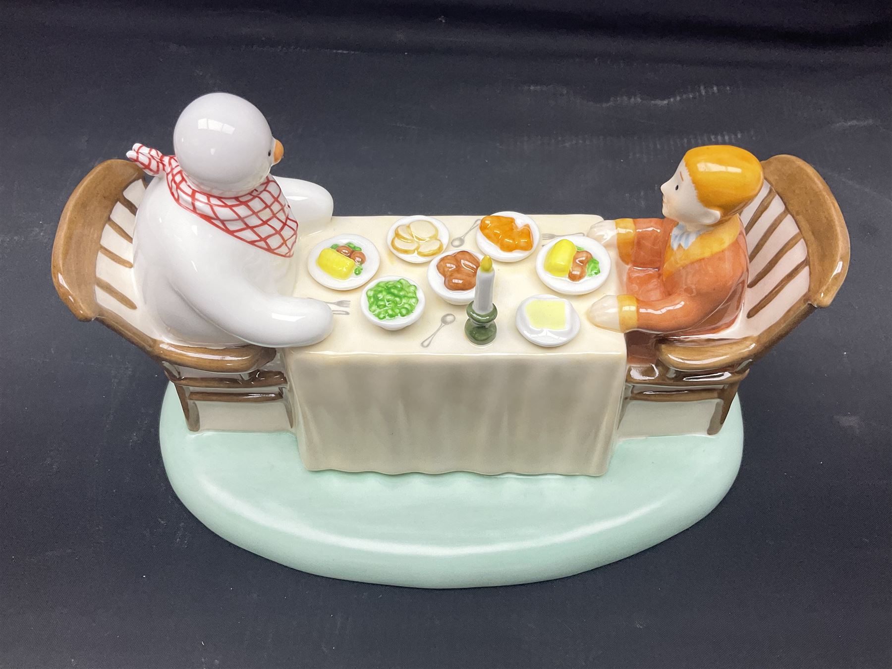 Three Coalport Characters The Snowman figures, comprising Dinner for Two, Off Piste and Winter Fun, all with certificates and original boxes 