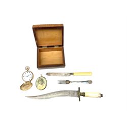 Gold-plated full hunter keyless lever pocket watch by Craftsman, Portrait of a Boy, early 20th century painted on ivory oval in pinchbeck pendant, simulated walnut papered box with silver cartouche by Robert Pringle, London 1937,  silver fork and bladed knife and a bone handled Indian dagger