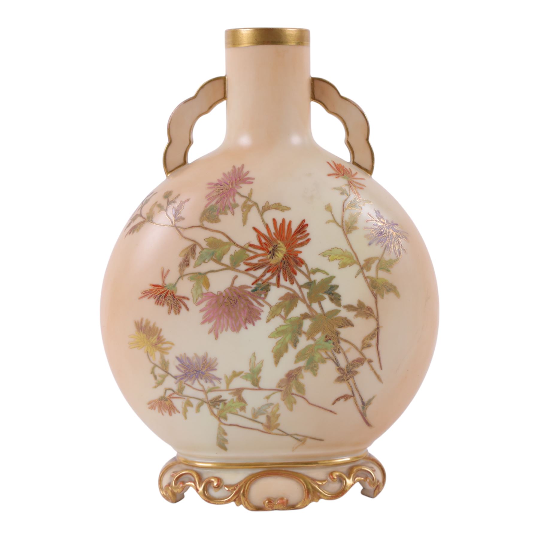 Royal Worcester Blush Ivory Moon Flask, decorated with floral sprigs, with gilt handles, puce mark beneath, H22cm