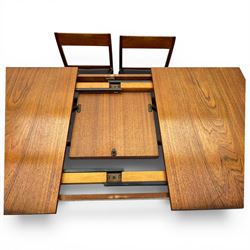 BCM (Bath Cabinet Makers) - mid-20th century teak extending dining table with BCM set of four teak dining chairs with bar back and black vinyl seats