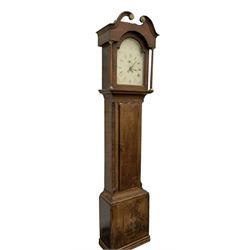 Early 19th century- 30hr oak longcase clock with a swan necked pediment and break arch hood door, trunk with canted corners and a long wavy topped door, on a rectangular plinth with applied skirting, painted dial with gold painted rococo spandrels to the corners and arch, Roman numerals and steel hands, makers name indistinct but retailed in Guisborough, with a rope driven countwheel striking movement, striking the hours on a bell. With weight and pendulum.
