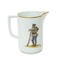 Nymphenburg coffee set painted with WWI military scenes after Hans Kratzer, comprising six coffee cans and saucers, coffee pot, cream jug and covered sugar bowl