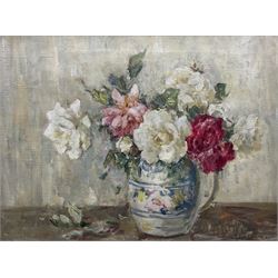 Owen Bowen (Staithes Group 1873-1967): Still Life of Red and White Roses in a Jug, oil on canvas signed 45cm x 60cm
