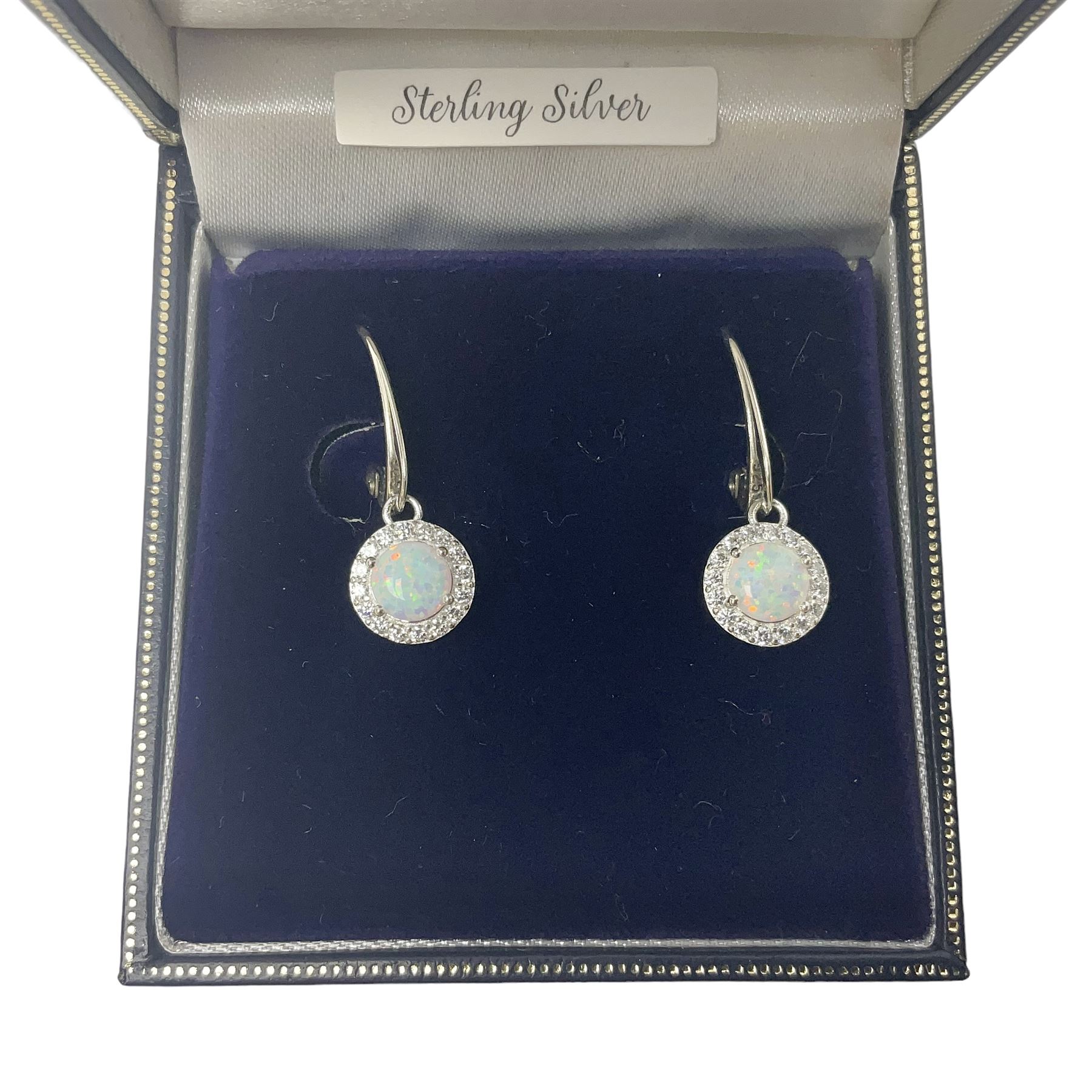 Pair of silver opal and cubic zirconia cluster pendant earrings, stamped 925, boxed 