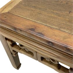 Early 19th century Chinese Qing dynasty jichimu wood stool or side table, Shanxi province, panelled square top, shaped upper rail carved with scrolls, on square supports with hoof feet 
