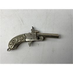 Miniature all nickel 2mm pin fire single shot pistol with engraved grip L4.5cm; together with a .925 silver half hunting cased keyless wind pocket watch inscribed 'Presented to Pte. P. Sizer By No.2 Company 1st Battalion Lincolnshire Regmt For Gallant Conduct Nr. Cork (Ireland) 31.7.20' (2)