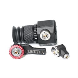 RED Epic-W Helium 8K camera body serial no. 13024E6A9, with RED EVF, three RED Mini Mag 512GB cards, one 480 Mini Mag card and reader, two RED V-Mount batteries and charger, RED top handle, Wooden Camera Easy Top top plate and one other top plate, various accessory cables, Wooden Camera bridge plate for 19mm studio rods, 12 inch Wooden Camera Dovetail plate and four 19mm studio rods to include two 380mm and two 610mm, with original Epic-W camera box and contained within a custom cut flight case