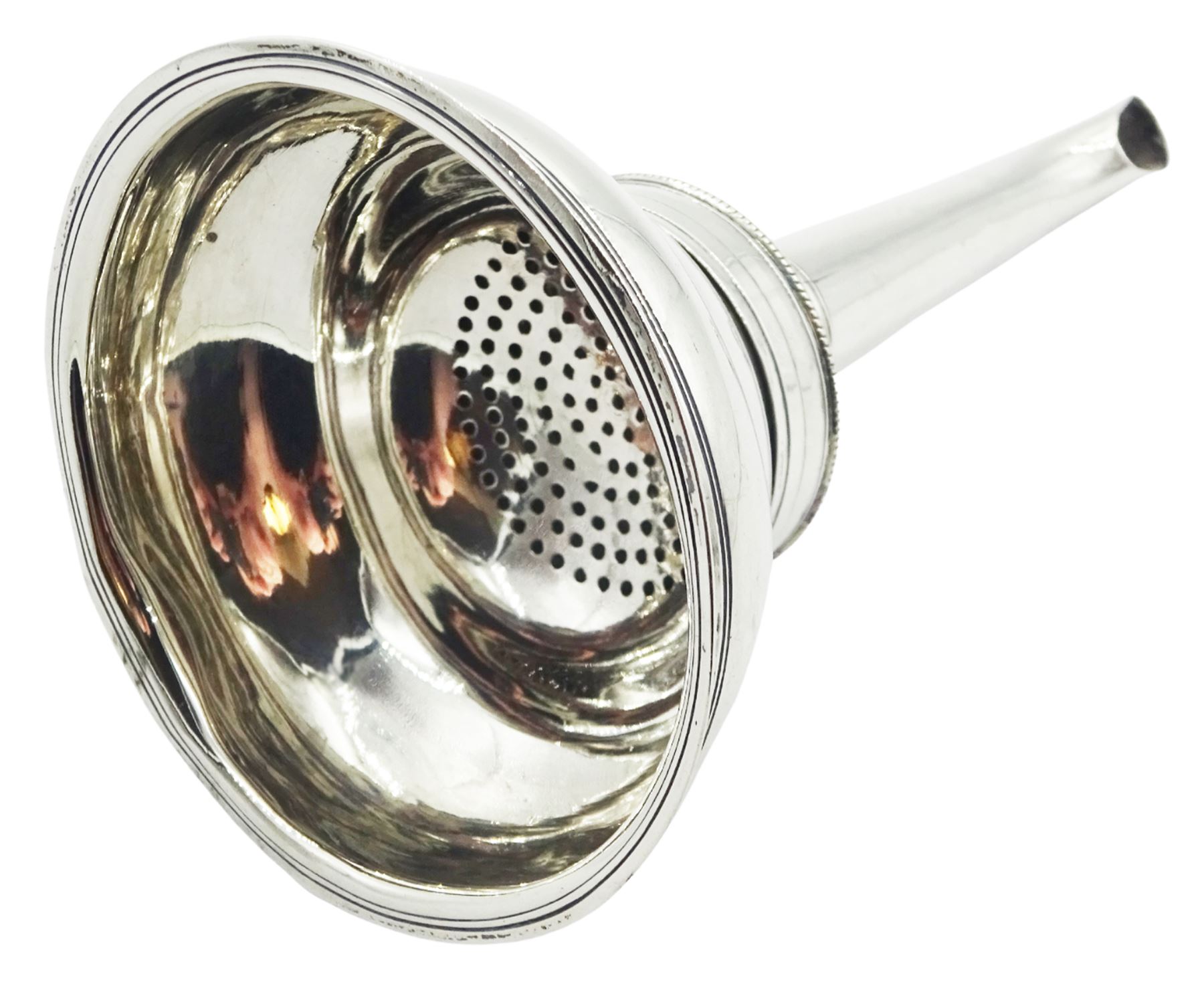 Silver wine funnel, probably George III, of plain typical form with shaped tang, hallmarks worn and indistinct possibly William Sumner, London, L11.5cm, approximate weight 1.52 ozt (47.5 grams)